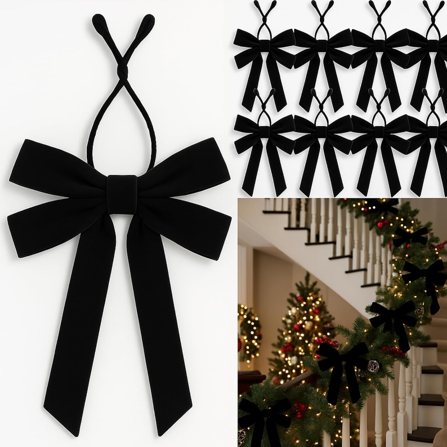 Soulchen 12 Pcs 20 Inches Christmas Garland Ties with Large Velvet Bows Reusable Holiday Wreath Twist Tie Bows for Banister Christmas Tree Indoor Outdoor Party Decorations(Black)