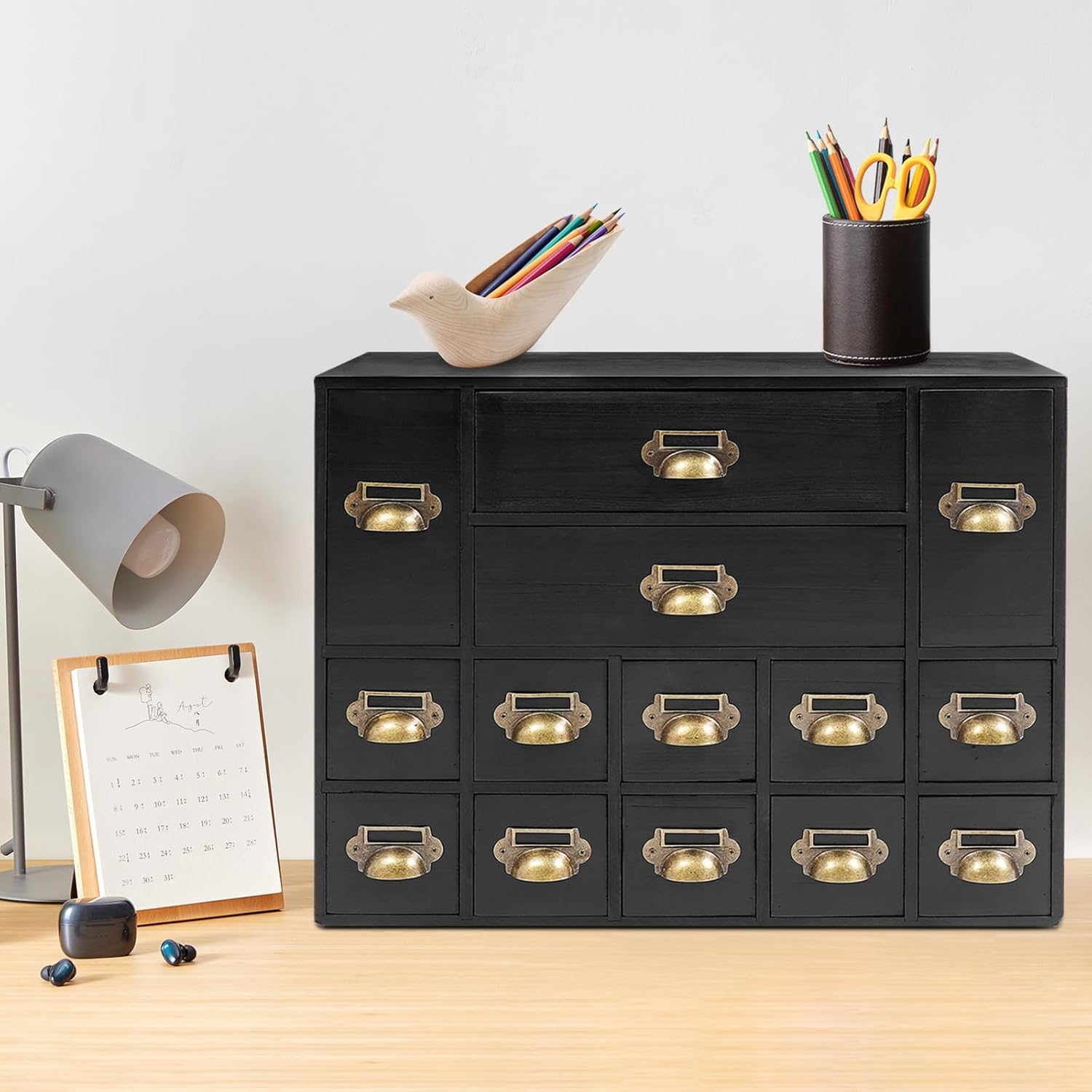 Apothecary Cabinet & Card Catalog Cabinet, 14-Drawer Wooden Storage Organizer with Metal Handles and Label Slots, Vintage Library Catalog Desk Drawer for Herb Storage Tea Collection