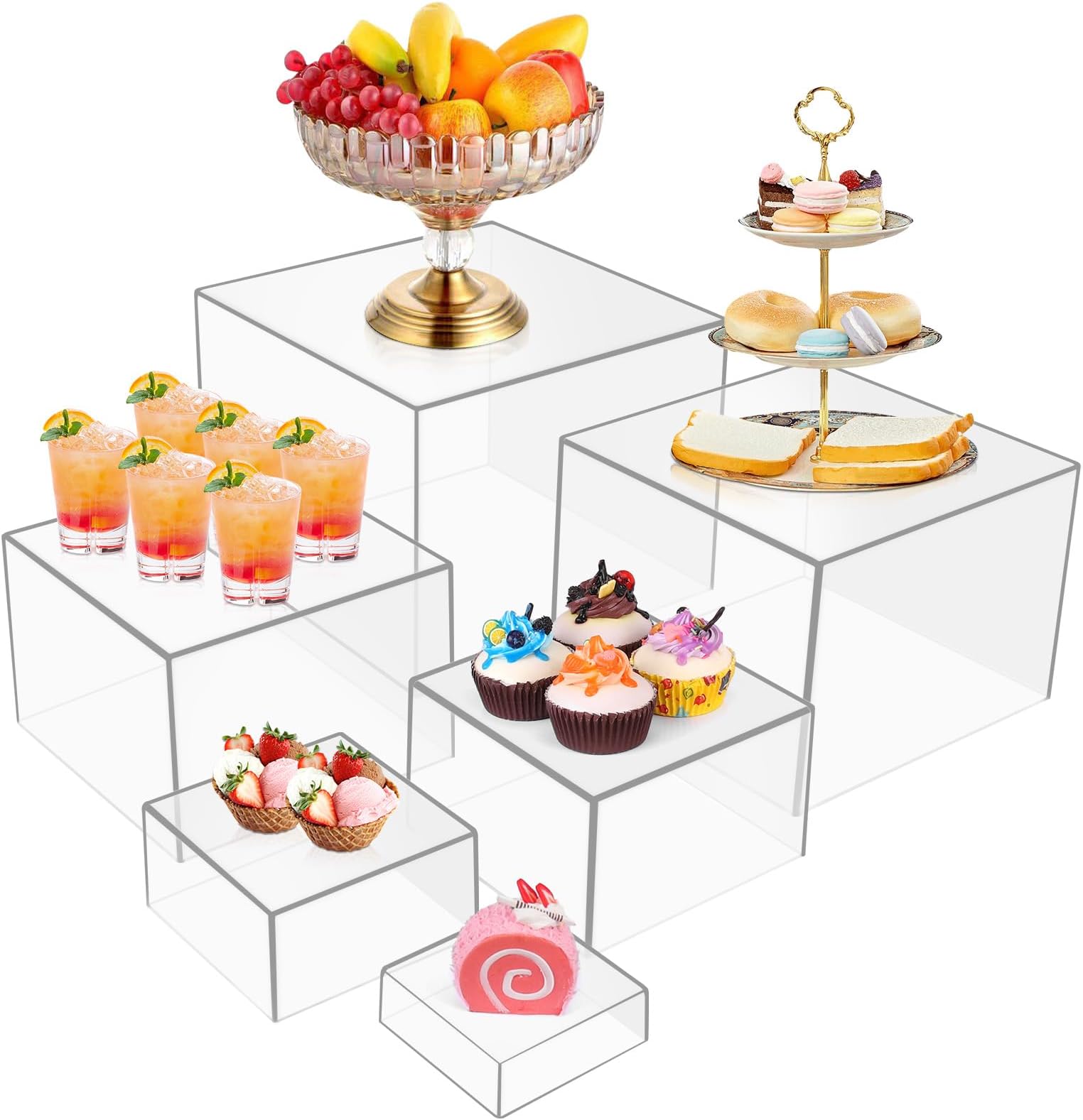 6PCS clear Buffet Risers，Large Food Risers for Buffet Table, Dessert Table Display Set,Food Stands for Display Party，Collectibles Jewelry Display Stand, Acrylic Cube Boxes big size(8"-7"-6"-5"-4"-3")