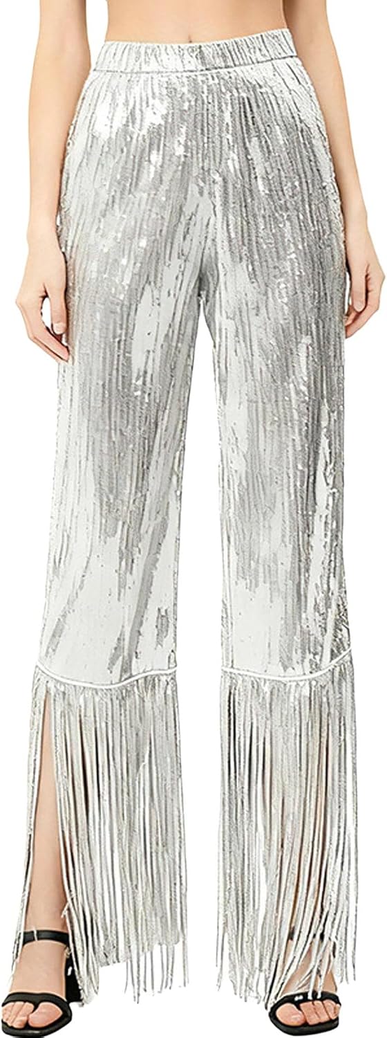 Women's Elastic Waist Sparkly Sequin Ballroom Latin Dance Wide Leg Flare Pants with Tassel Legs