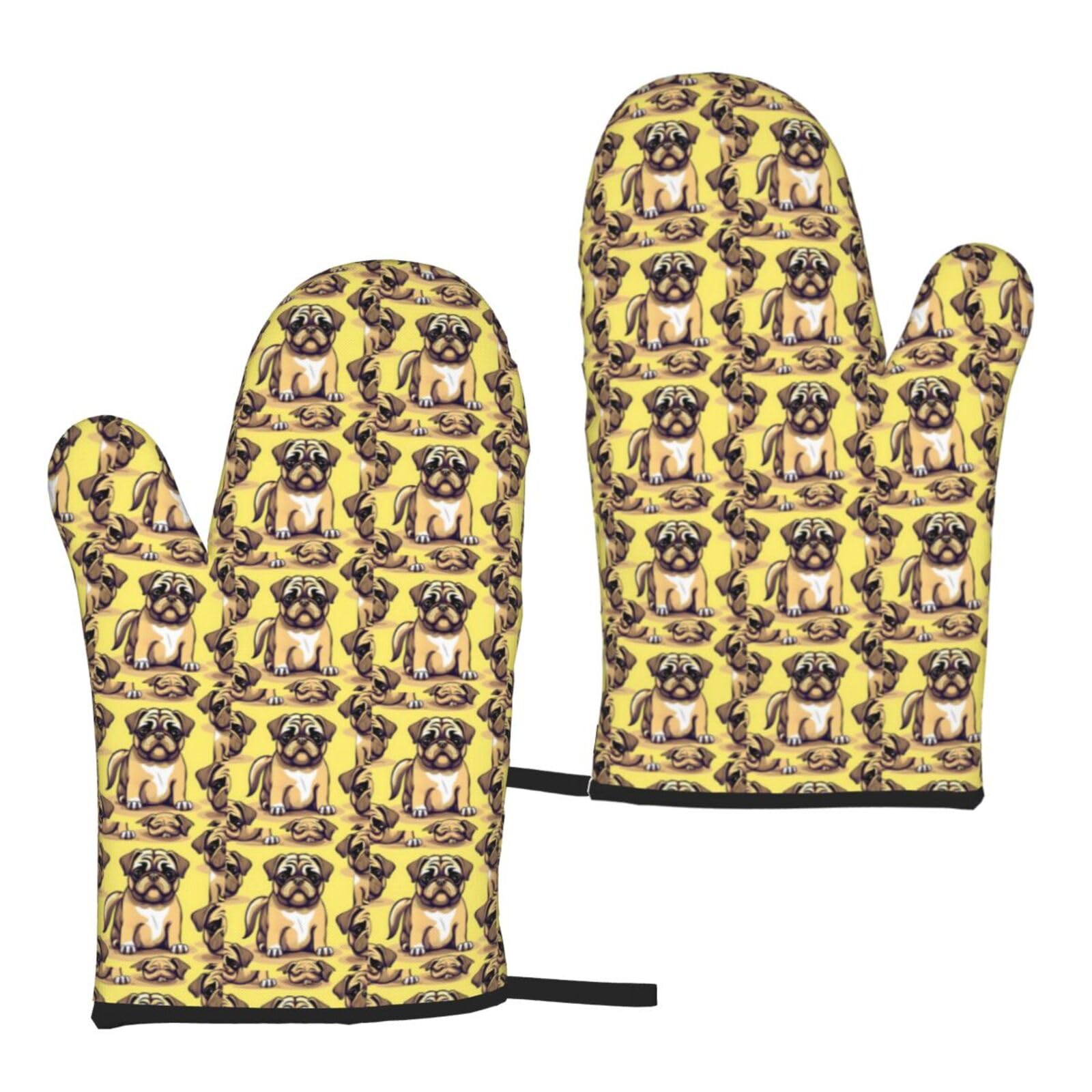 Funny Cartoon Pug Puppy Dog Print Heat Resistant Universal Fit Oven Microwave Gloves Home Cooking Baking Grilling
