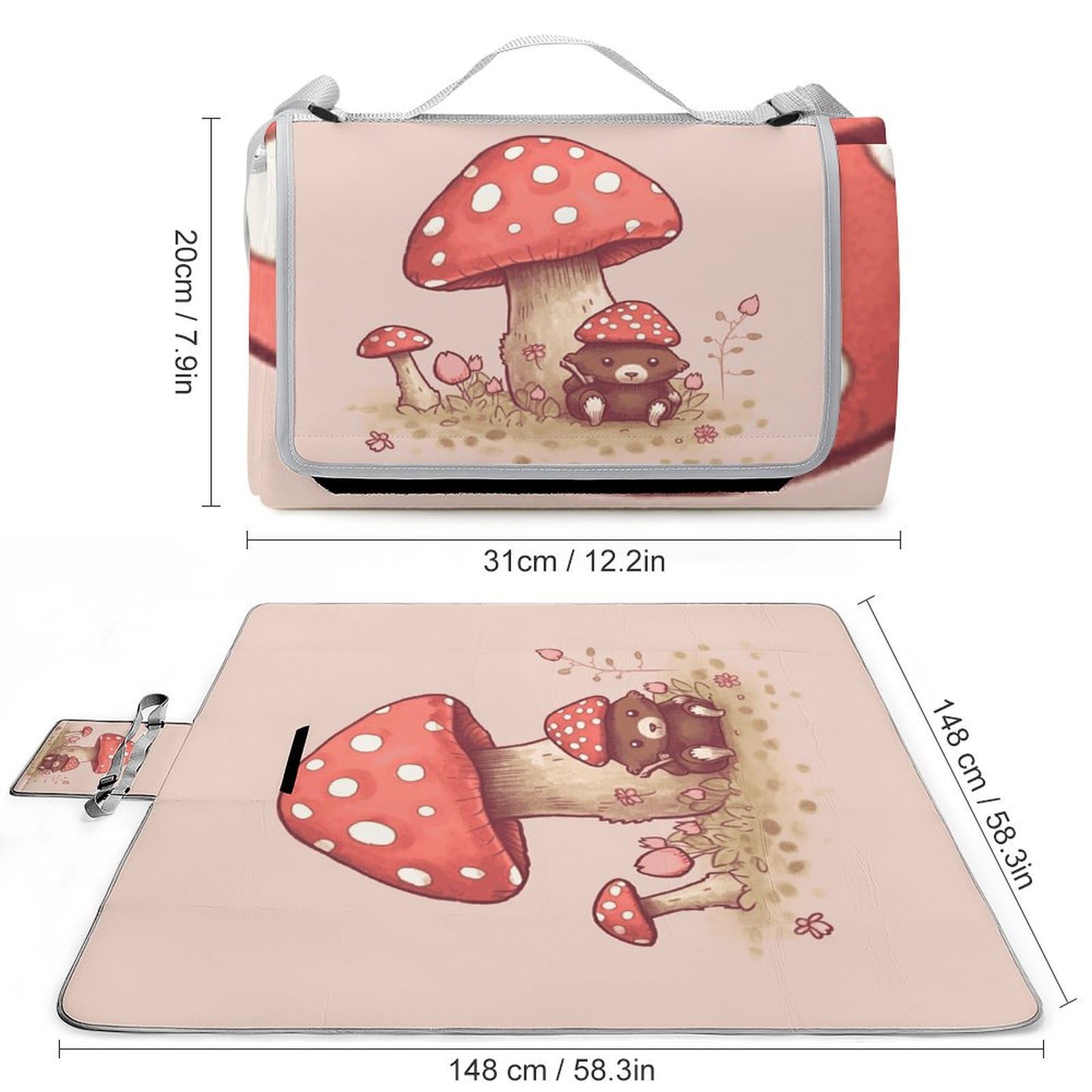 LMHLDSC Beach Blankets for Adults Waterproof Portable Foldable Bear and Mushroom Outdoor Picnic Blanket Beach Mat for Camping Hiking Family Travel