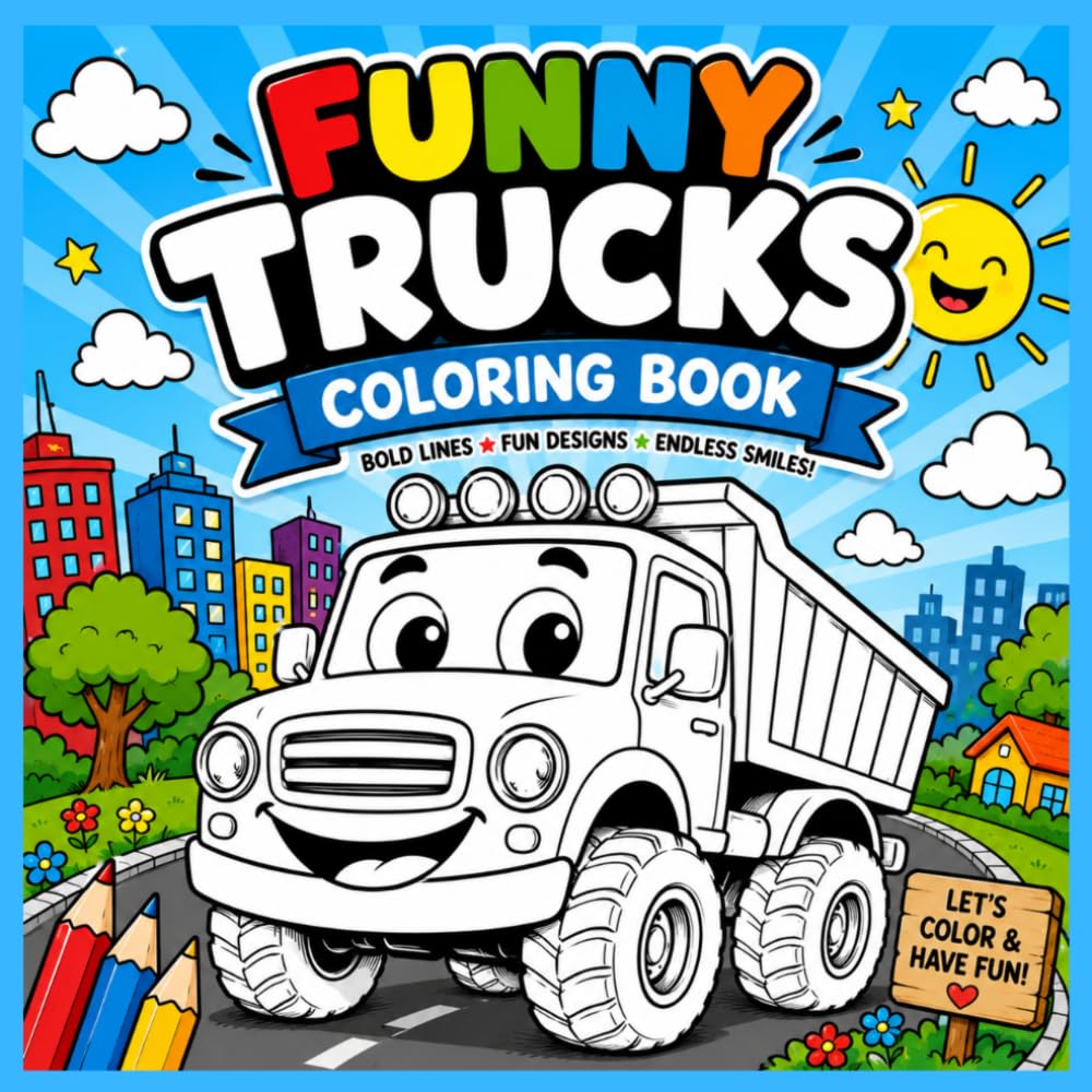 Funny Trucks Coloring Book for Kids: Fun and Easy Coloring Pages with Silly Cartoon Trucks, Big Smiles, and Cute Adventure Scenes