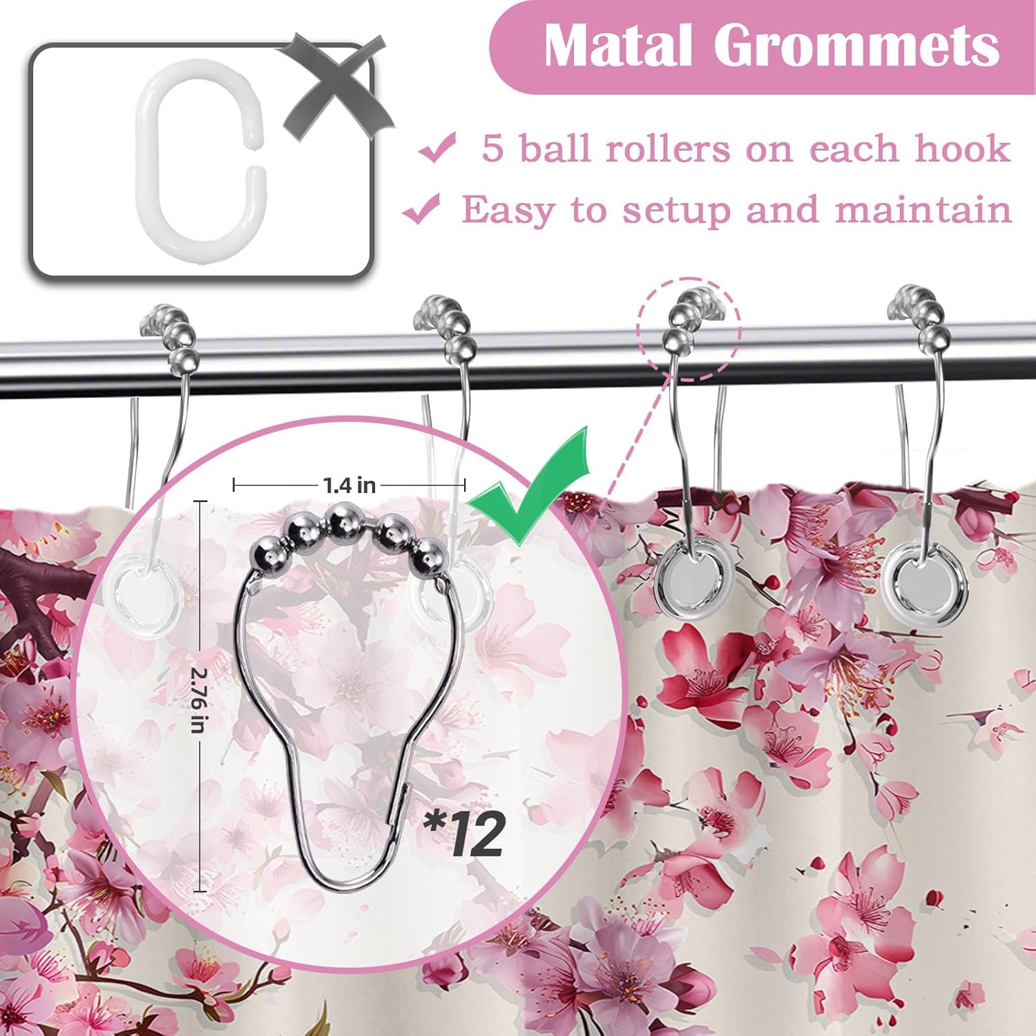 Extra Long Shower Curtain Extra Tall Cherry Blossom XL Pink and Grey Shower Curtains for Large Bathroom Decor Sets, Waterproof Cloth Fabric with Hooks, 108x72 Inch