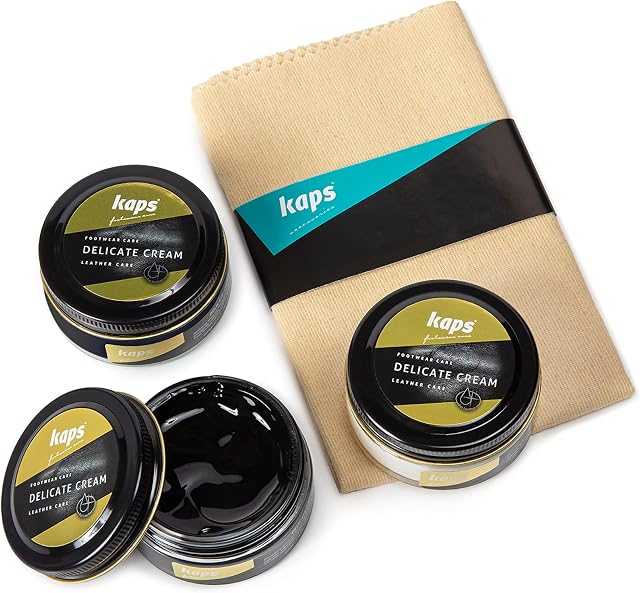 Kaps Professional Boot and Shoe Polish Cream with Cotton Cloth  Set of 3 - 50 ml./1.69 Oz. Each  Made with Natural Wax - For Natural and Synthetic Leather Footwear Care