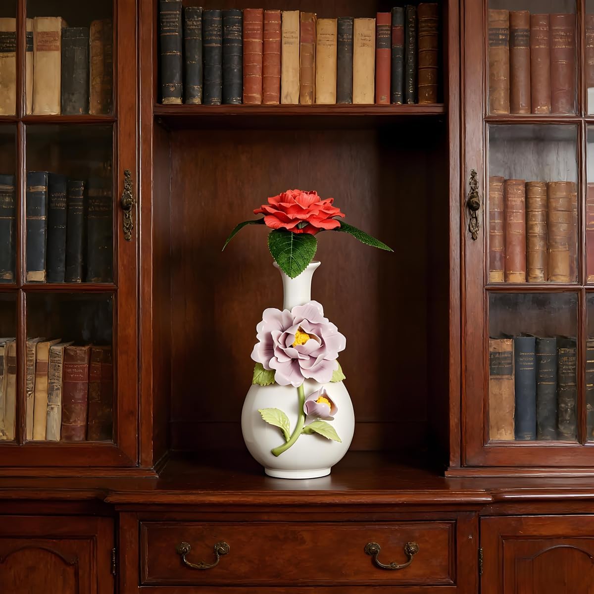 Handmade Pinched Flowers Ceramic Vase with One Ceramic Rose Flower, Home Decor Ceramic Vase for Dining Table, Living Room, Kitchen, Bedroom, Shelf, Office, Coffee Table, Restaurant & Fireplace Mantel