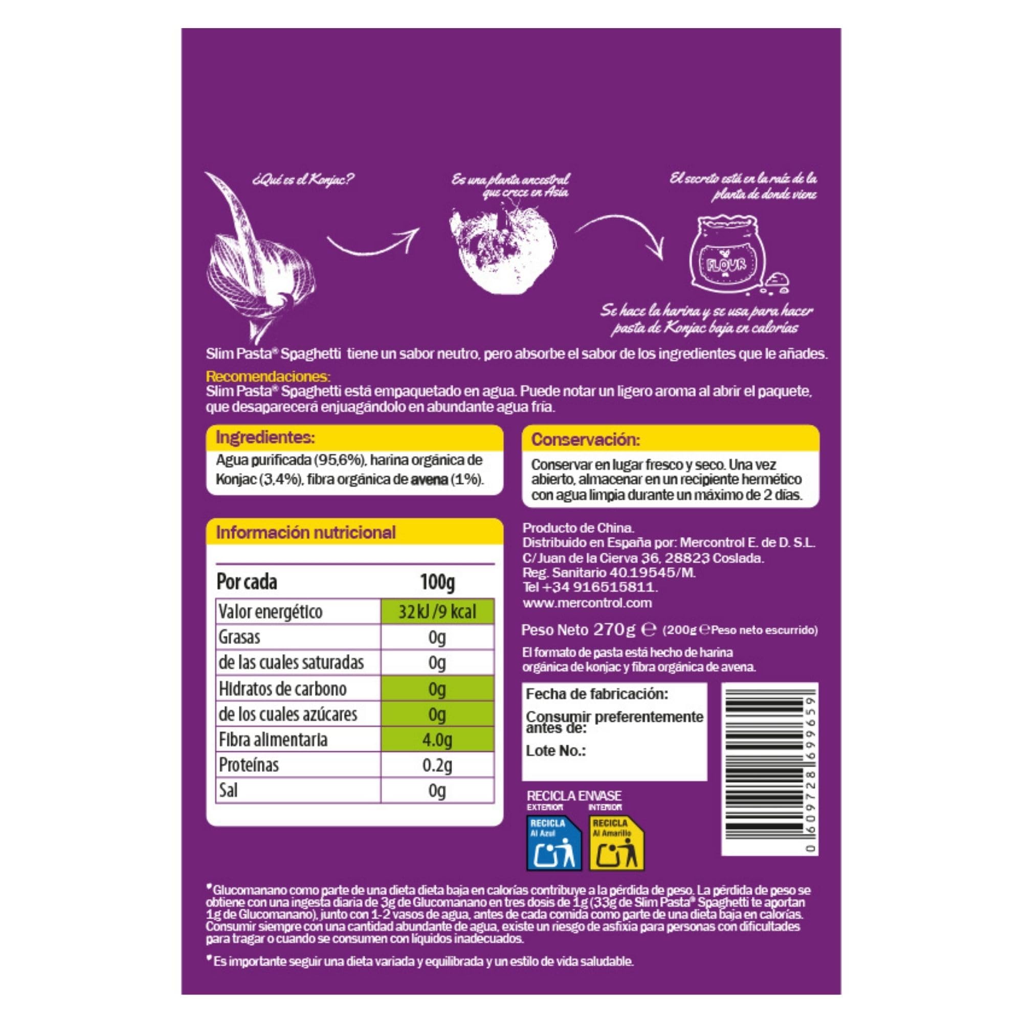 Slim Pasta Spaghettis de Konjac 270 g Sin Calorías ni Carbohidratos para Dietas Keto y Low Carb Vegano