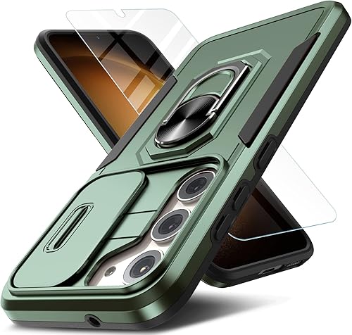 Funda para Samsung Galaxy S23 5G con cubierta deslizante para cámara y protector de pantalla de vidrio templado, soporte de anillo, protección de