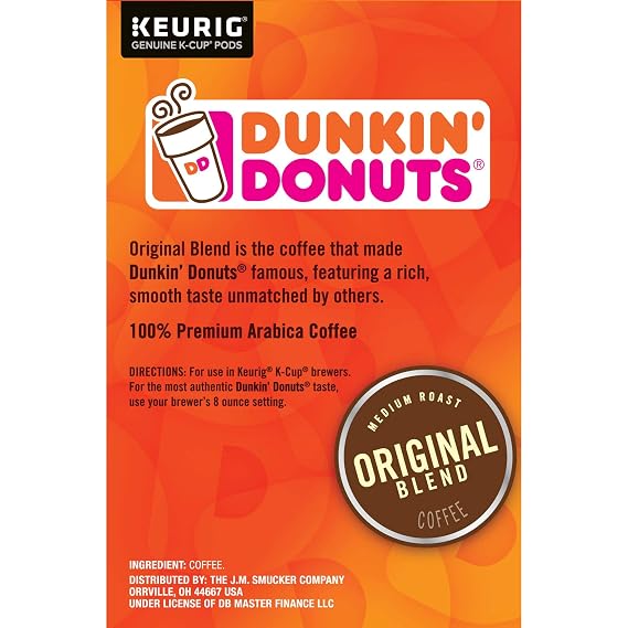 Dunkin' Donuts Original Blend Medium Roast Coffee, 64 K Cups for Keurig Coffee Makers
