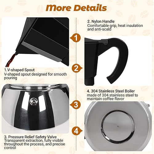 Miniatura 8 de Cafetera italiana sin revestimiento de 4 tazas de aluminio y acero inoxidable, cafetera italiana, 7.4 fl oz, 7.44 onzas, adecuada para estufa de
