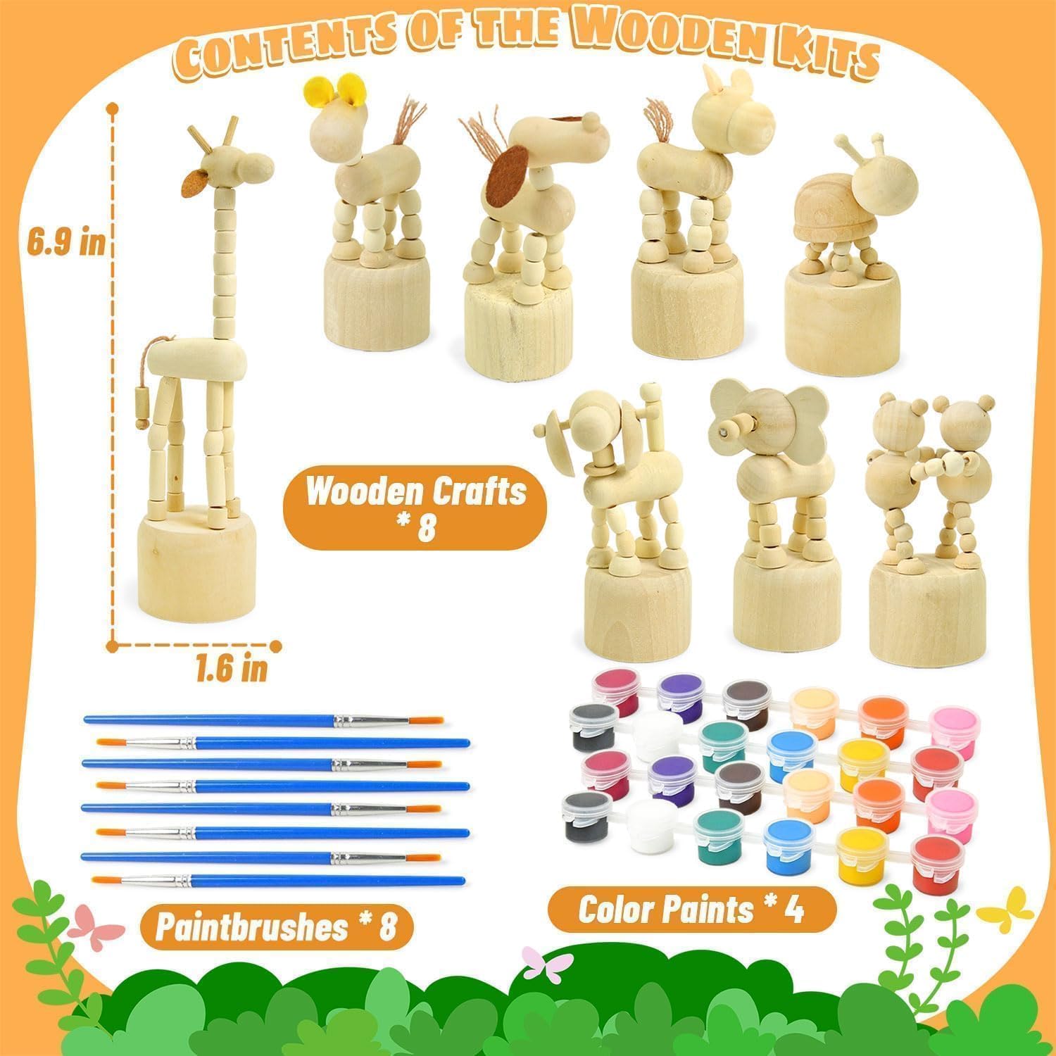 Vileafy Crafts for Kids Ages 4-8 with Paints & 8 Brushes, DIY Wooden Painting Kits for Boys and Girls, Unfinished Wood Animals Figures for Painting Party Favors and Kids Gifts