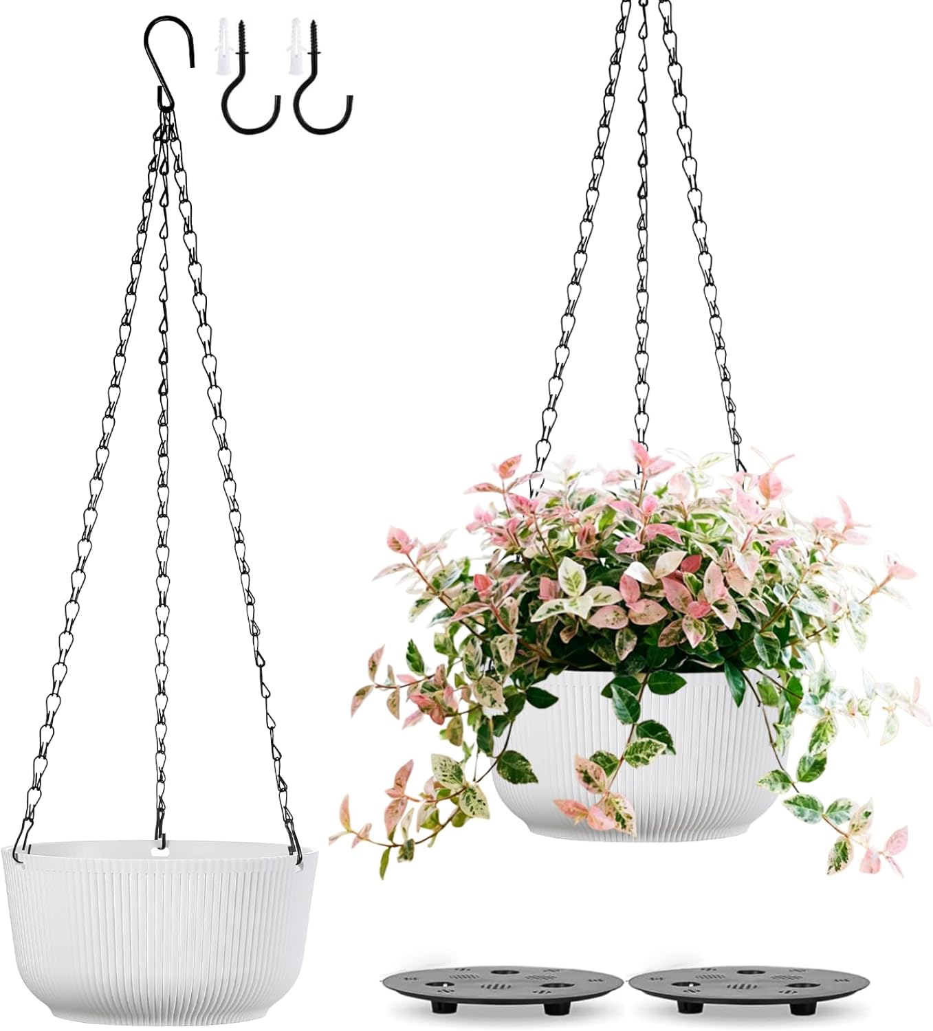 Set of 2 Large Hanging Pots for Plants Indoor Outdoor, 12 Inch Self-Watering Hanging Planters with Internal Saucer, Drainage Hole & Plug (Hooks)