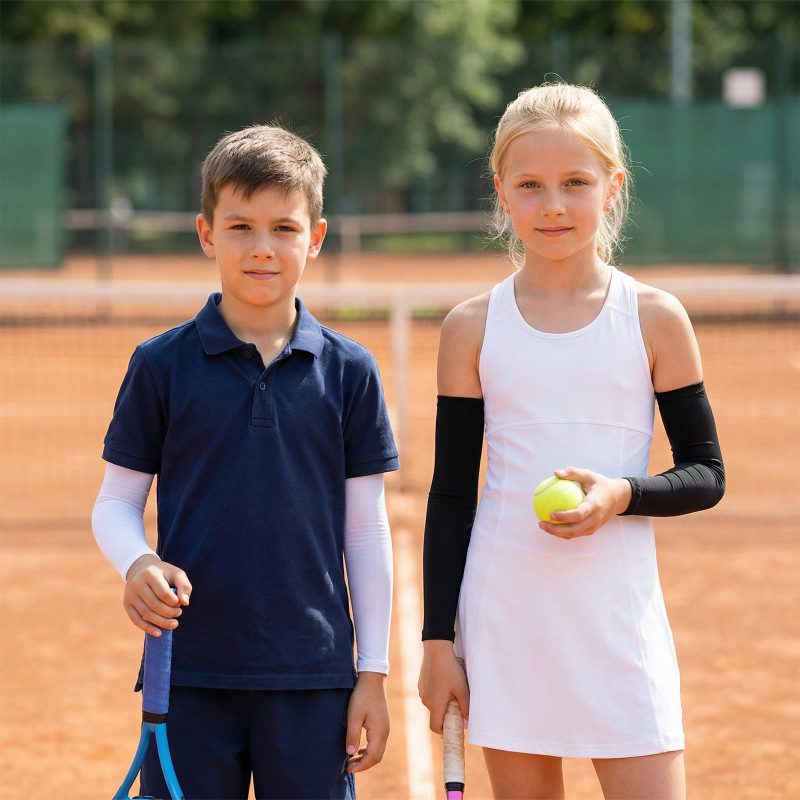 Mangas de brazo para niños, 3 pares de mangas de protección solar UV para niños y niñas, manga elástica transpirable para exteriores, para baloncesto, voleibol, béisbol, deportes (negro, blanco, azul)