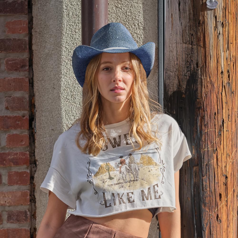C.C® Washed Knitted Denim Cowboy Hat with Suede Strings for Women