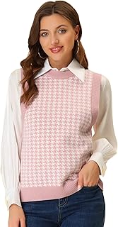 Allegra K Women's Round Neck Vest Sleeveless Houndstooth Plaid Knitted Sweater