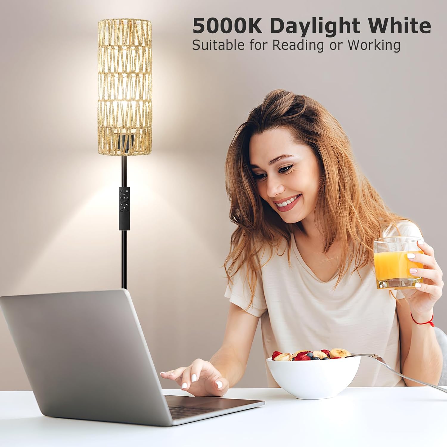 Ambimall 64'' Floor Lamps for Living Room with Remote Control and Stepless Dimmable Colors Temperature & Brightness, Boho Black Standing Lamp with Beige Rattan Shade