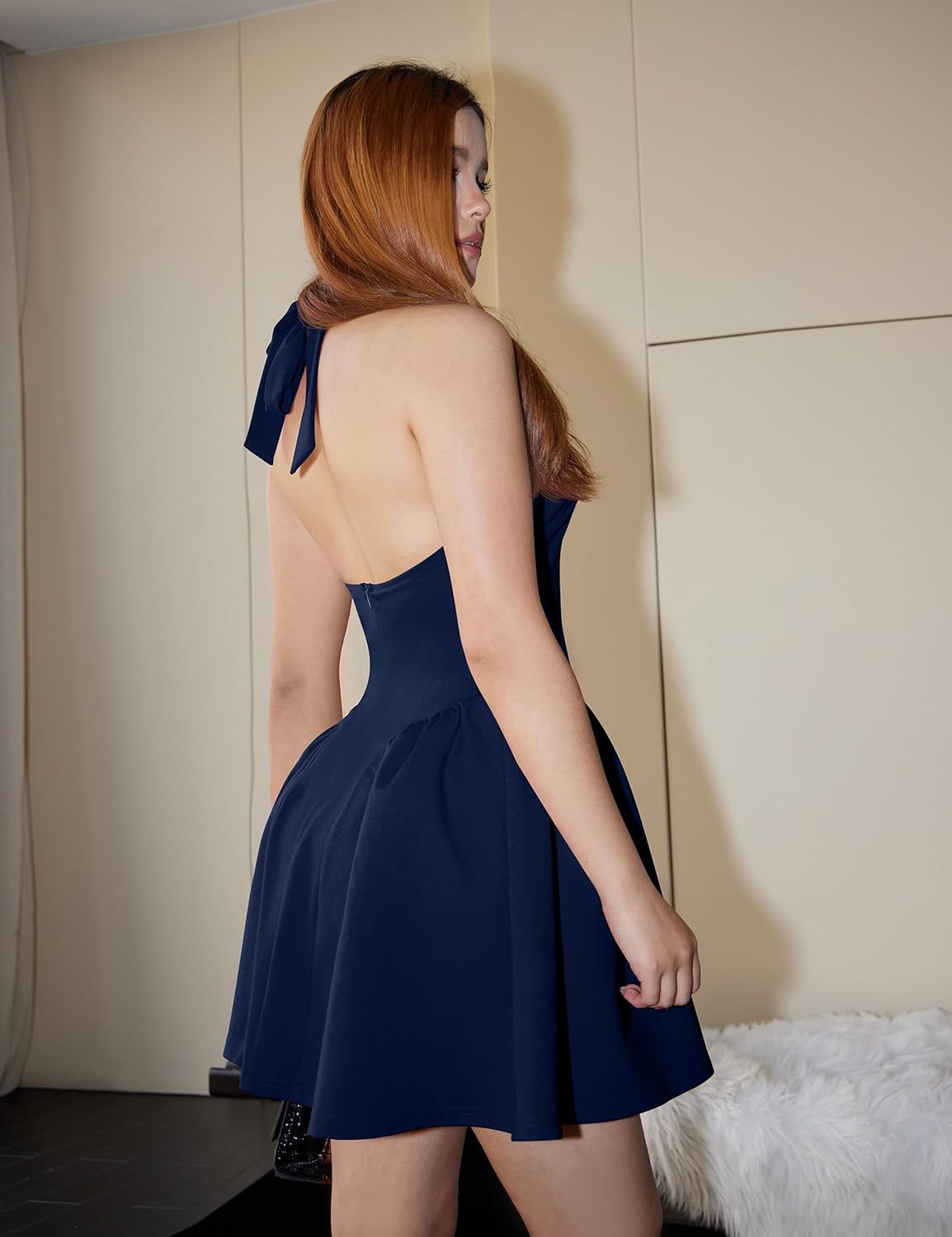 Women's Sexy Halter V Neck Sleeveless Backless Bow Tie A-line Party Club Short Mini Dress - Image 4