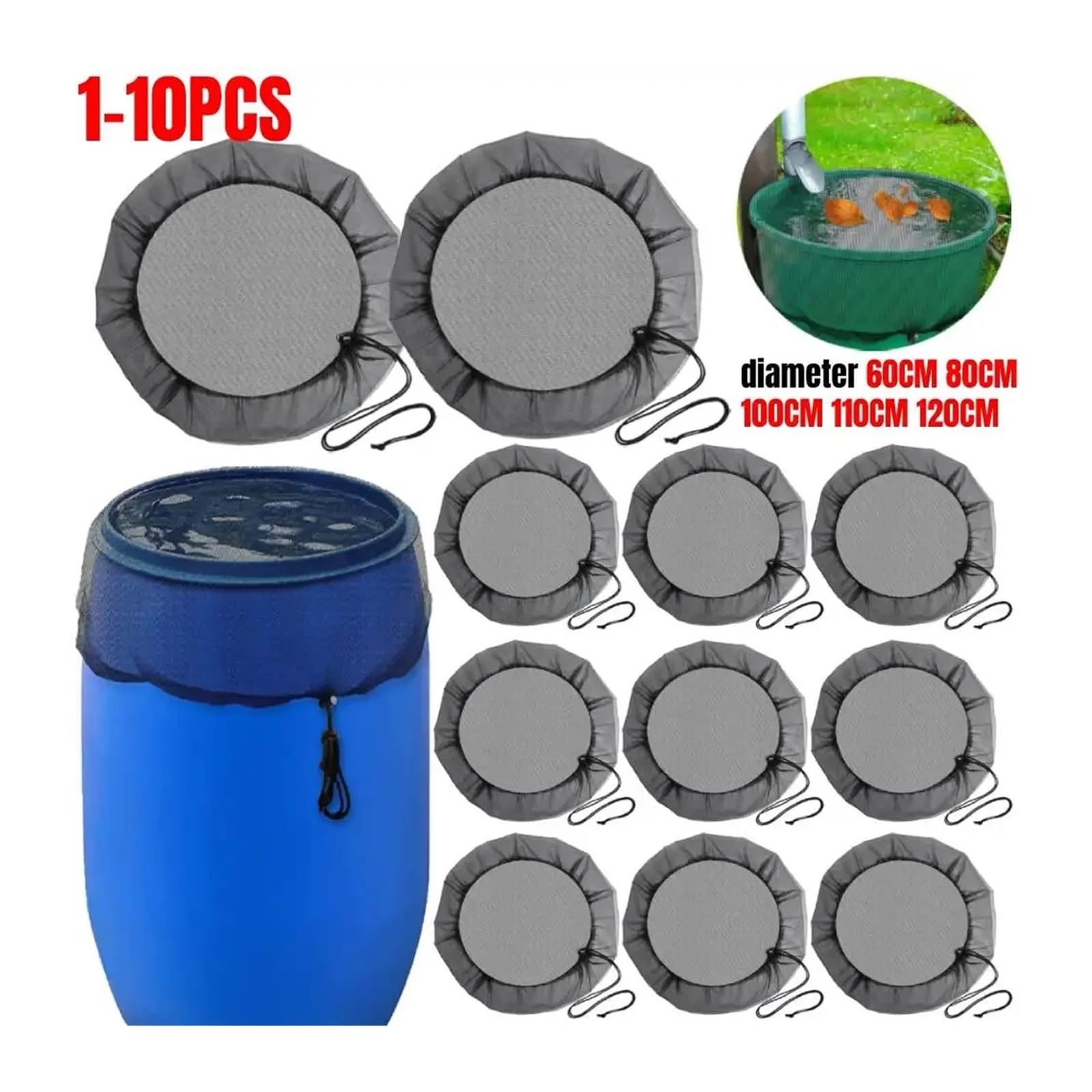 Cubierta para cisternas de Agua de Exterior, Cubierta de Red Barril Lluvia Malla poliéster Ajustable con Filtro cordón, 60-120 cm | 6pcs,120CM
