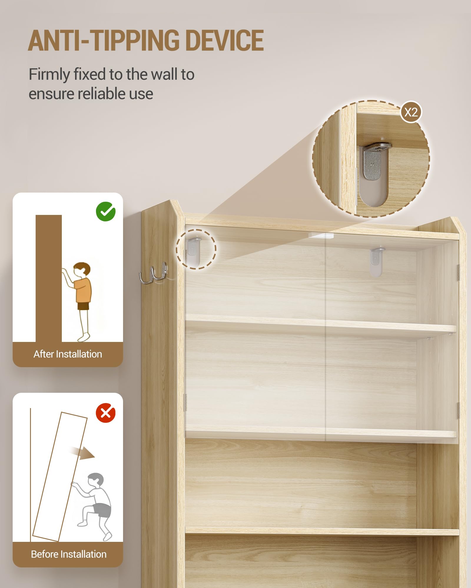 Hzuaneri Mobile lavatrice,24 x 65 x 185cm, Rip. regol.,Bianco-Rovere | 2 ripiani apribili, Mobile sopra lavatrice, Stile moderno minimalista, Porta WC doppia anta, LR65031X