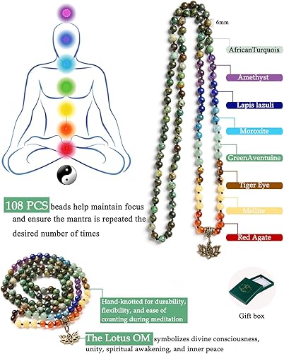 Vista 5 de Bivei 7 Chakra 108 Mala Beads Bracelet Real Gemstone Yoga Meditation Hand Knotted Mala Prayer Bead Necklace