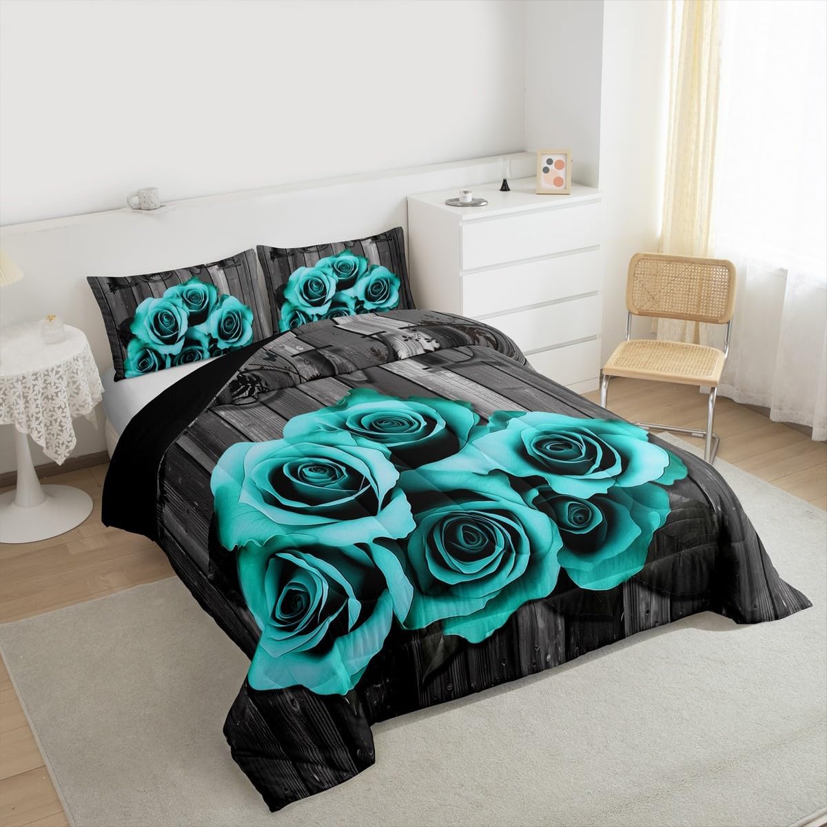 Turquoise Grey Bedding Set Teal Rose Flowers Comforter Set King For Girls Men Women Valentine'S Day Wedding Comforter Gifts For Couple Lover,Country Rose Floral Quilt Duvet Insert 2 Pillow Cases