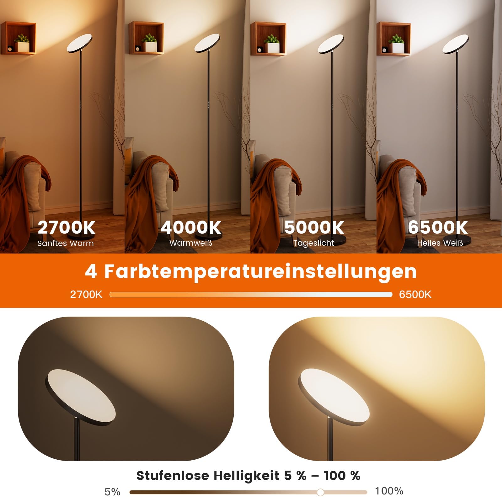 Uplighter LED Stehleuchten für Wohnzimmer, 36W superhelle Torchiere Standleuchte mit Fernbedienung, Touch-Control, 175 cm dimmbare moderne hohe Leuchte mit Timer für Schlafzimmer, Büro, Ecke, Schwarz