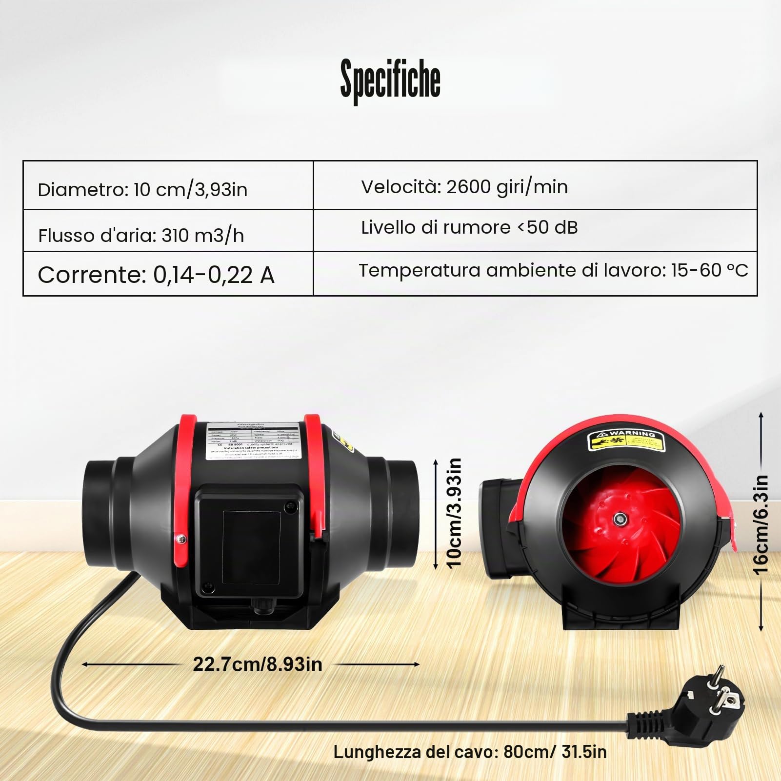 Ventilatore di condotto in linea regolabile da 100 mm per estrazione fumi, 310 m3/h ventilatore di scarico silenzioso, spina UE per bagno, tende per la crescita, ventilazione idroponica e ventola di