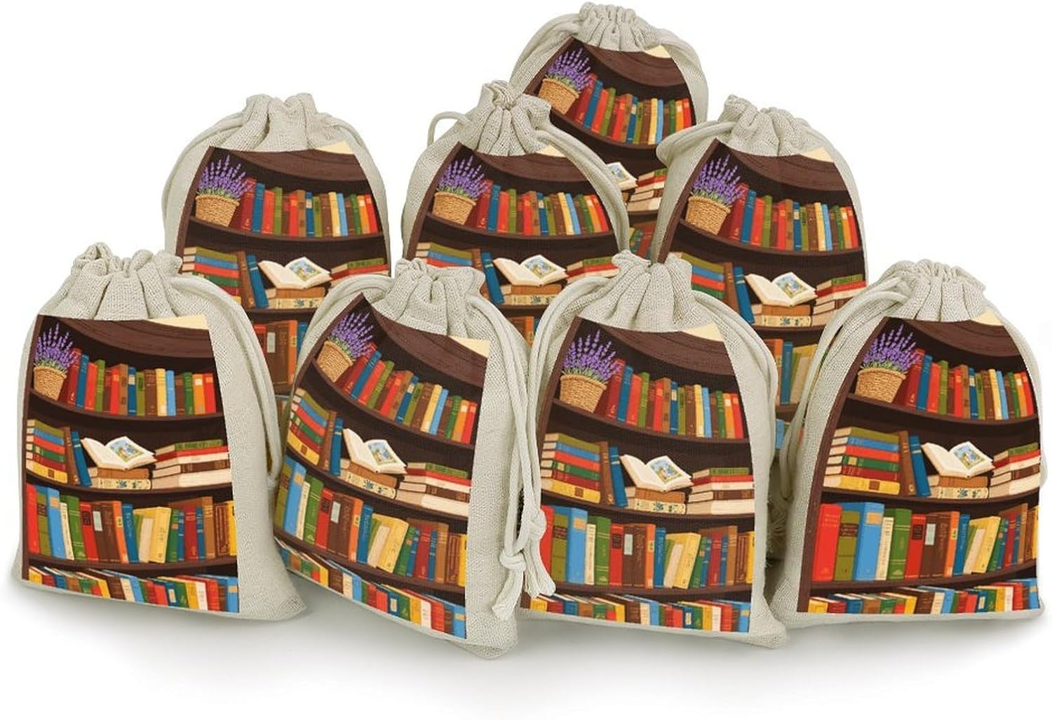 WIMMY Bookshelf Flowers Burlap Gift Bags Rustic Gift Favor Bags Drawstring