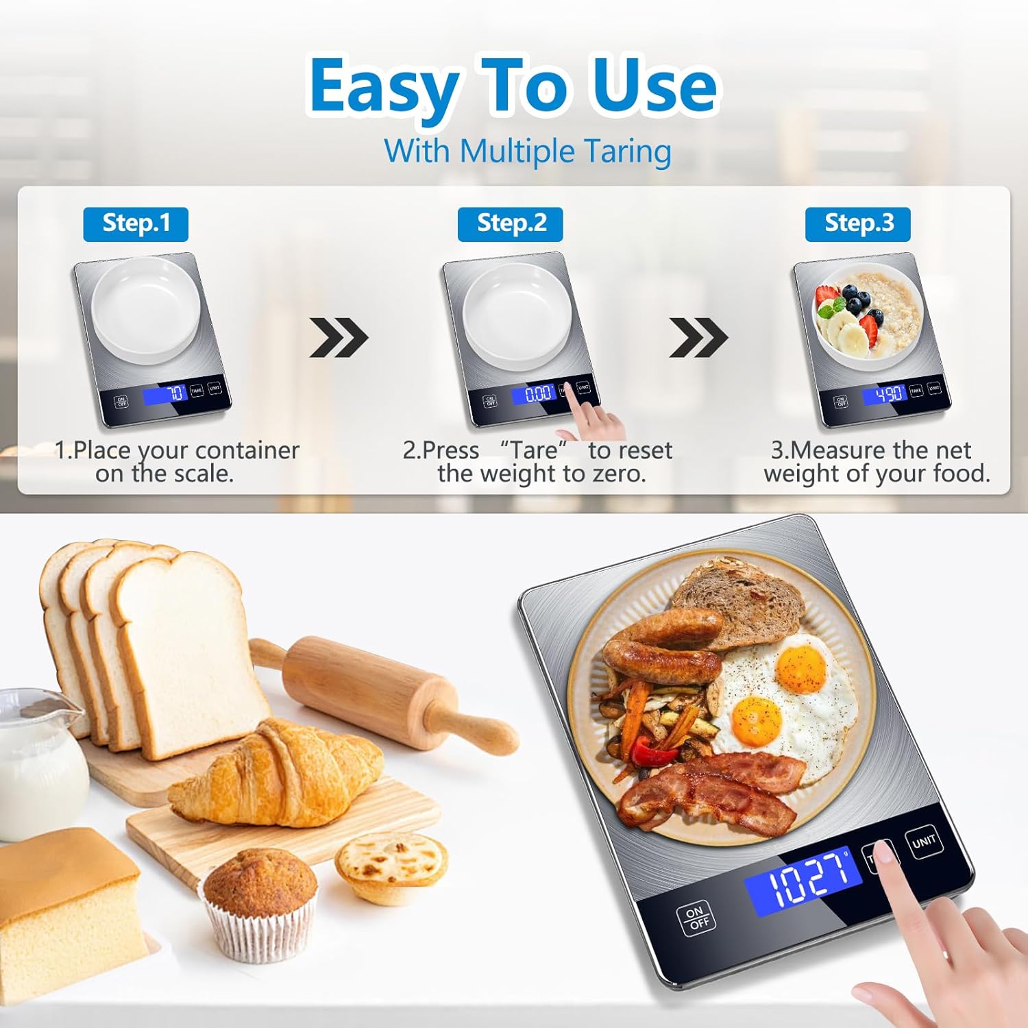 Food Kitchen Scale, Digital Food Scale 33lb Digital Kitchen Scale Precisely Measures Grams and Ounces for Meal Prep Baking and Cooking, Rechargeable 304 Stainless Steel Kitchen Scale LCD Display