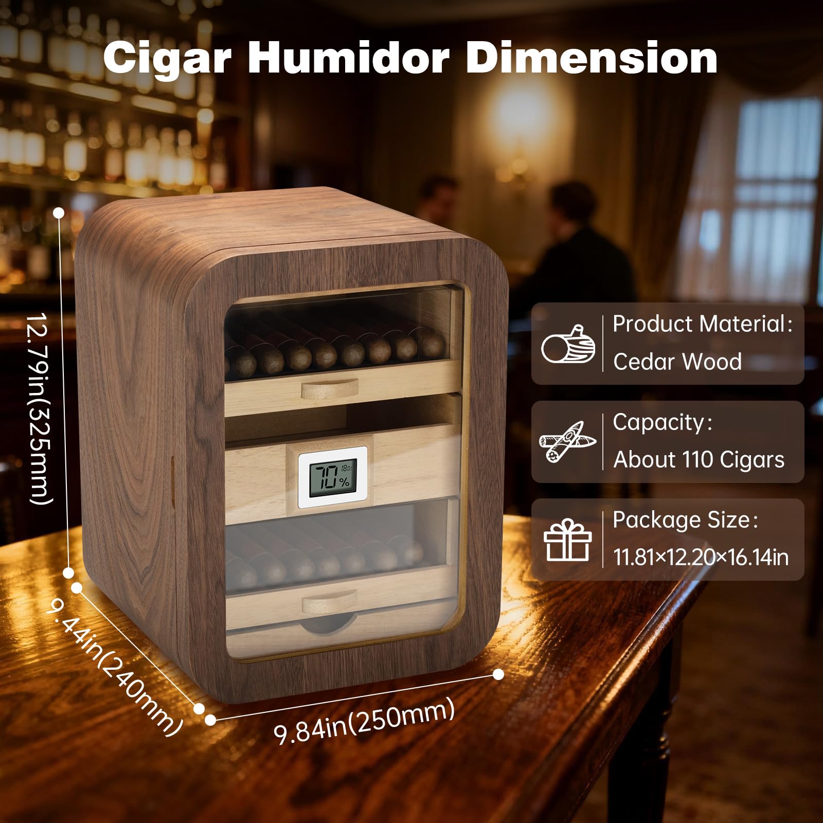 CIGARLOONG Zigarrenhumidor-Schrank aus Zedernholz, 4 Ebenen, großes Fassungsvermögen, Schrank für 110 Zigarren, inklusive Befeuchter und Hygrometer, luxuriöses Geschenk für Zigarrenliebhaber (Braun)