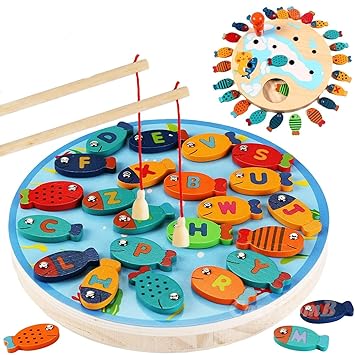 HIRNAYA Magnetic Alphabet Letter Wooden Fishing Game Learning Toy with Magnet 2 Poles for Kids | Color Sorting Puzzle Toy | Letters Recognition Gifts Early Learning Toy for Toddler Boys Girls