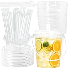 Clear Plastic Cups with Lids Straws and Handle, 10 Pack 34Oz Drink Bucket
