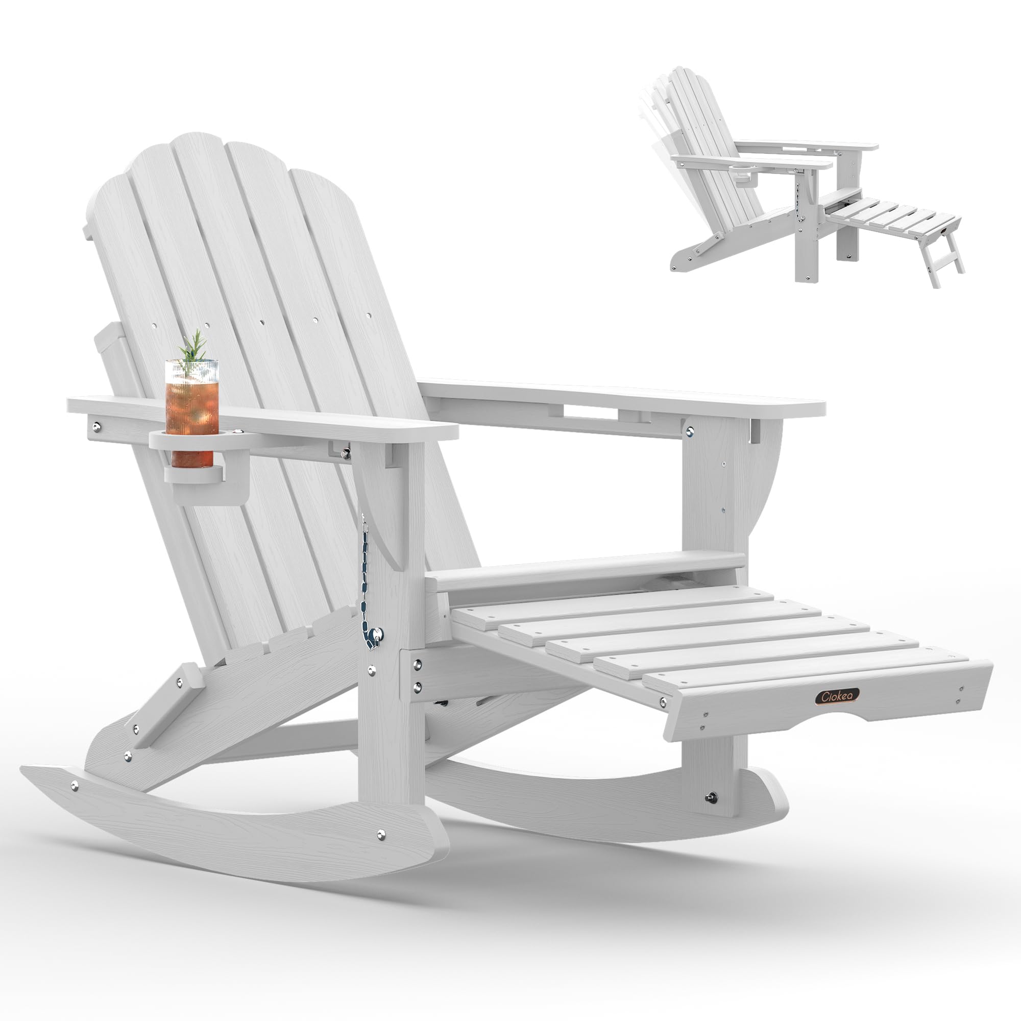 Photo 1 of ****Used; it is unknown if any parts are missing or if it works 100%.
*******Folding Adirondack Rocking Chair with Retractable Ottoman, 4-in-1 Outdoor Adjustable Adirondack Chair with Cup Holders, All-Weather HDPE Rocker for Porch, Deck, Backyard, Patio,