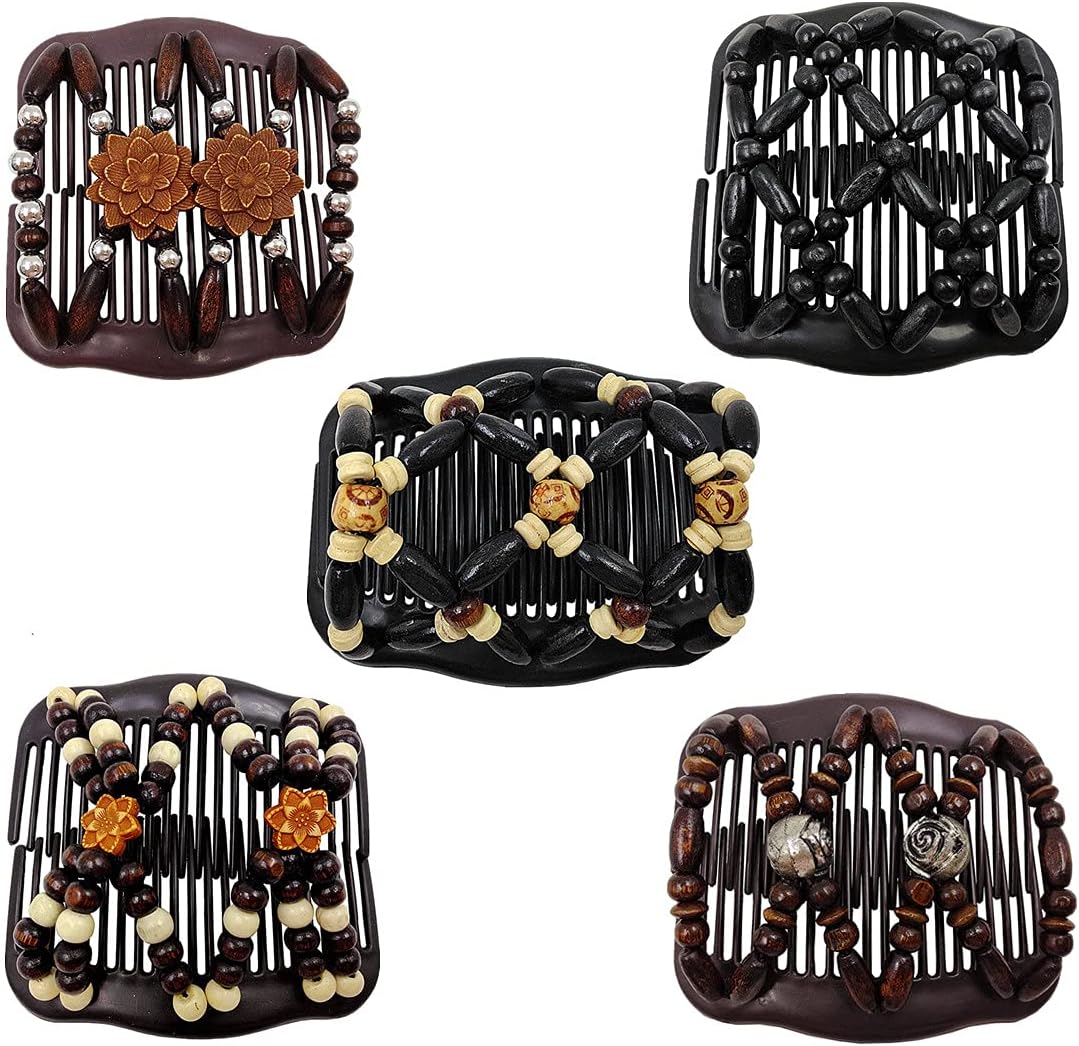 Women Magic Hair Combs Wood Beaded Stretch Double Side Combs Clips Bun Maker Hair Accessories,Pack of 5