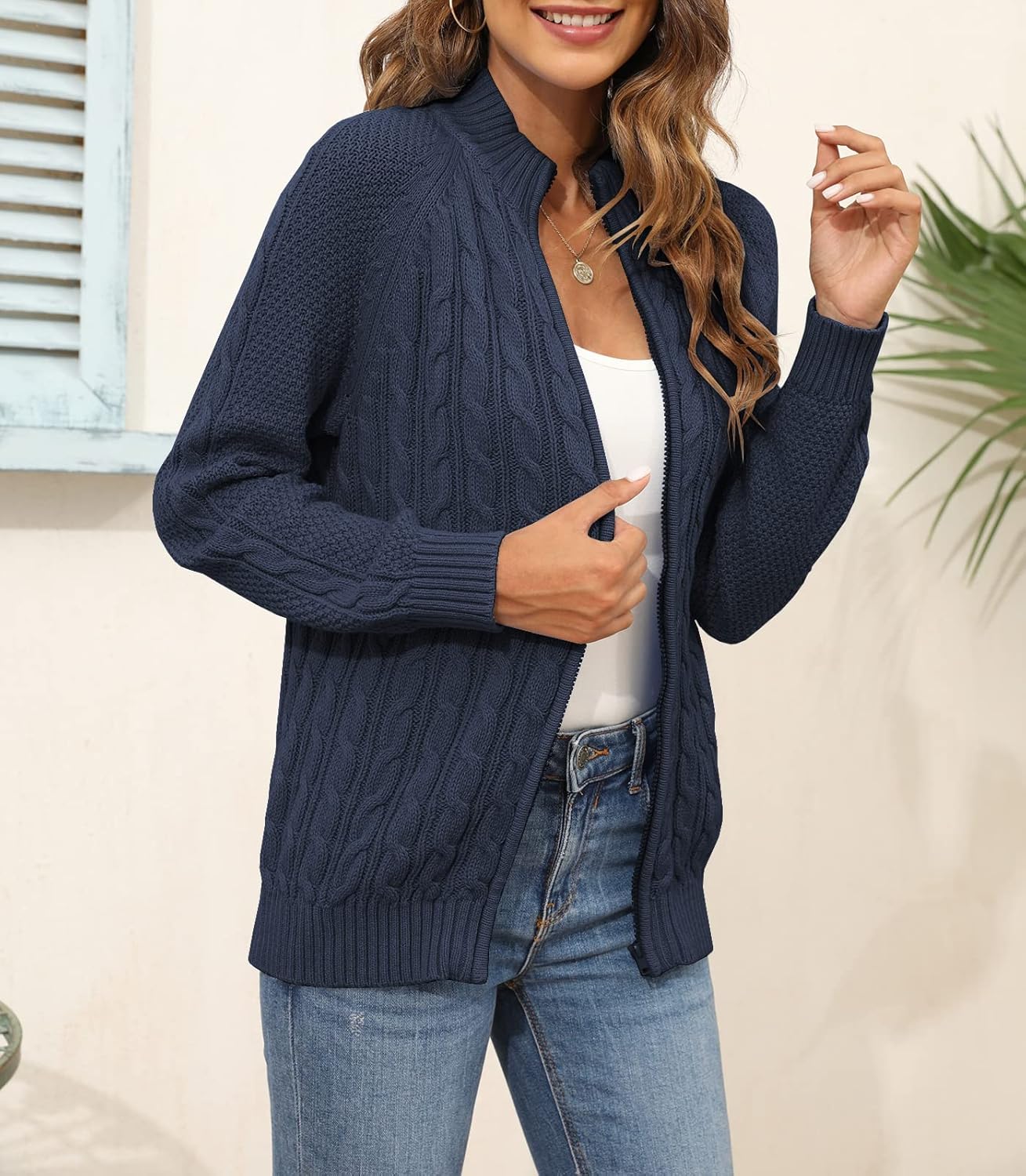 Hongqizo Women's Zipper Cable Knit Sweater Cardigan Long Sleeve Open Front Warm Knit Cardigan Casual Cardigan Knitwear