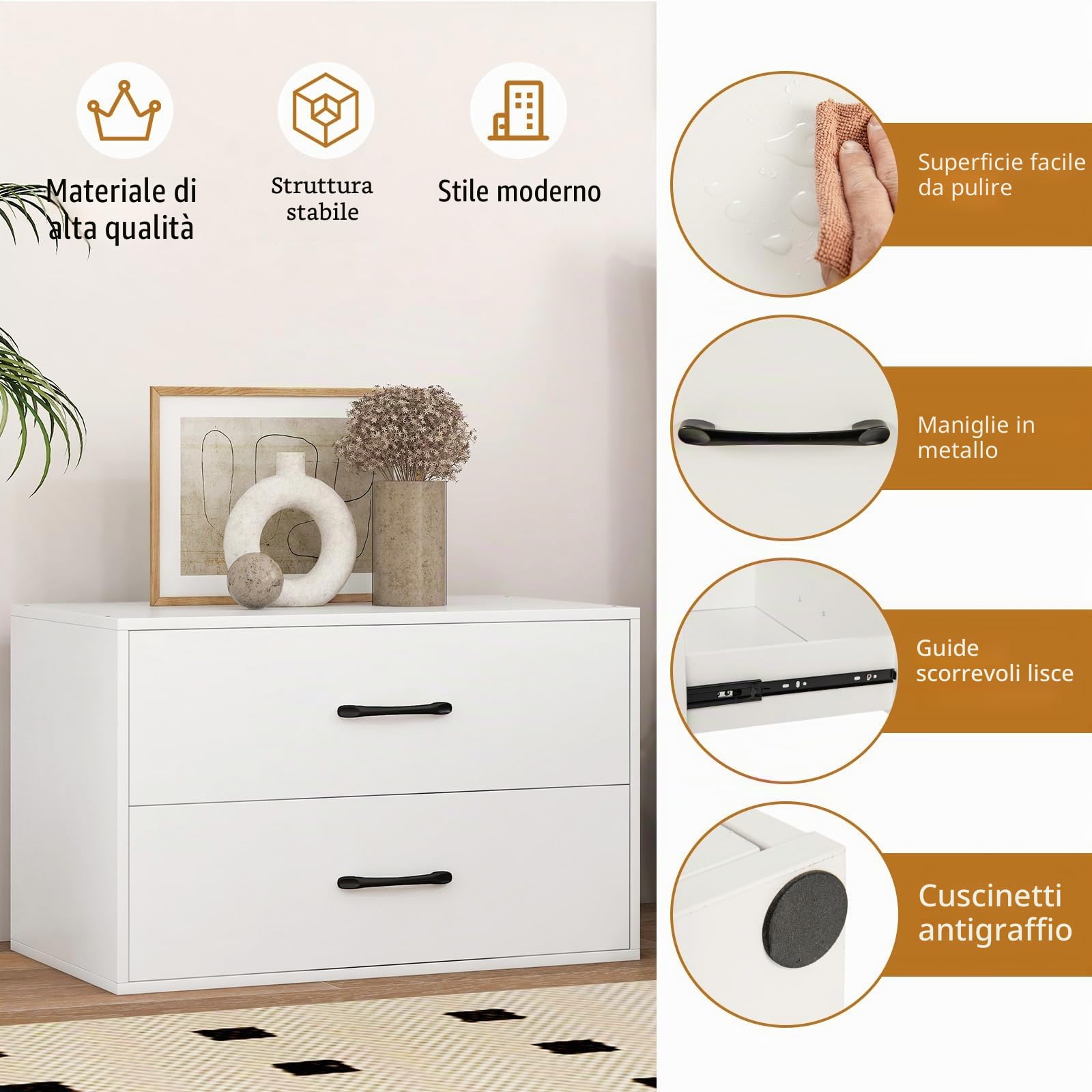 KOMFOTTEU Cassettiera con 2 cassetti, dispositivo antiribaltamento, piccolo mobile in legno, per camera da letto, soggiorno, ufficio, comodino, 60 x 34 x 38 cm (bianco)