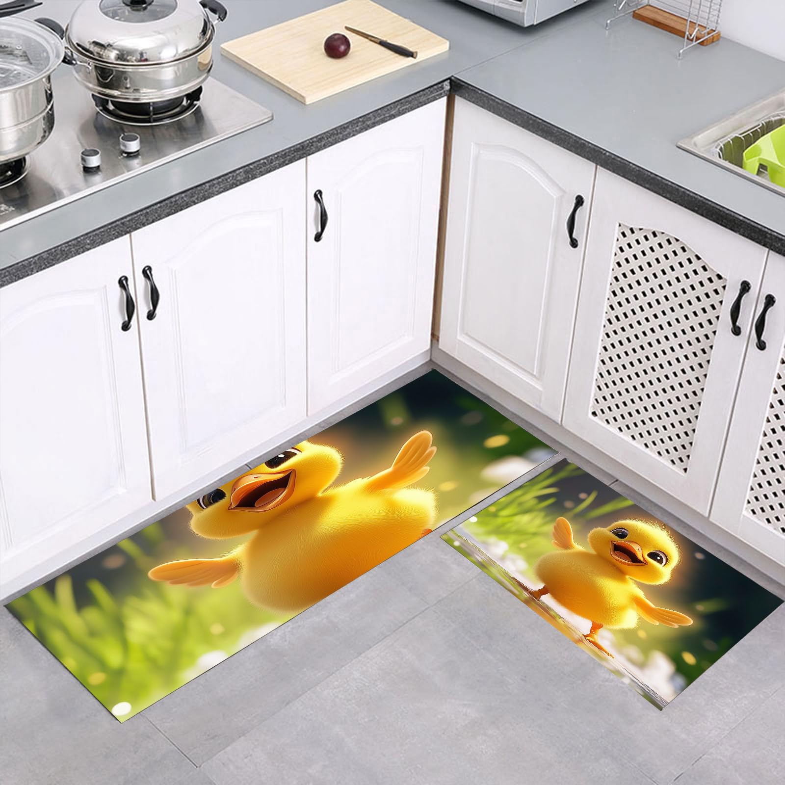 Tapis cuisine antidérapant lavable lot de 2 canard jaune-vert
