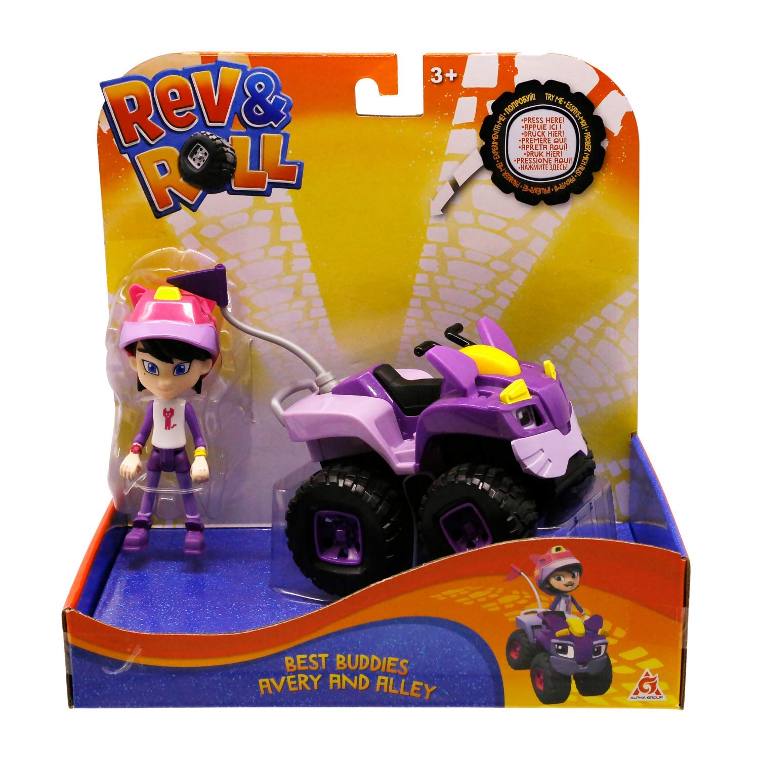 Rev & Roll - BEST BUDDIES CAR TOY - 17cm Alley Vehicle with Mechanical Functions and 10cm Avery Figure Cartoon Toy - Kids Toy Age 3+