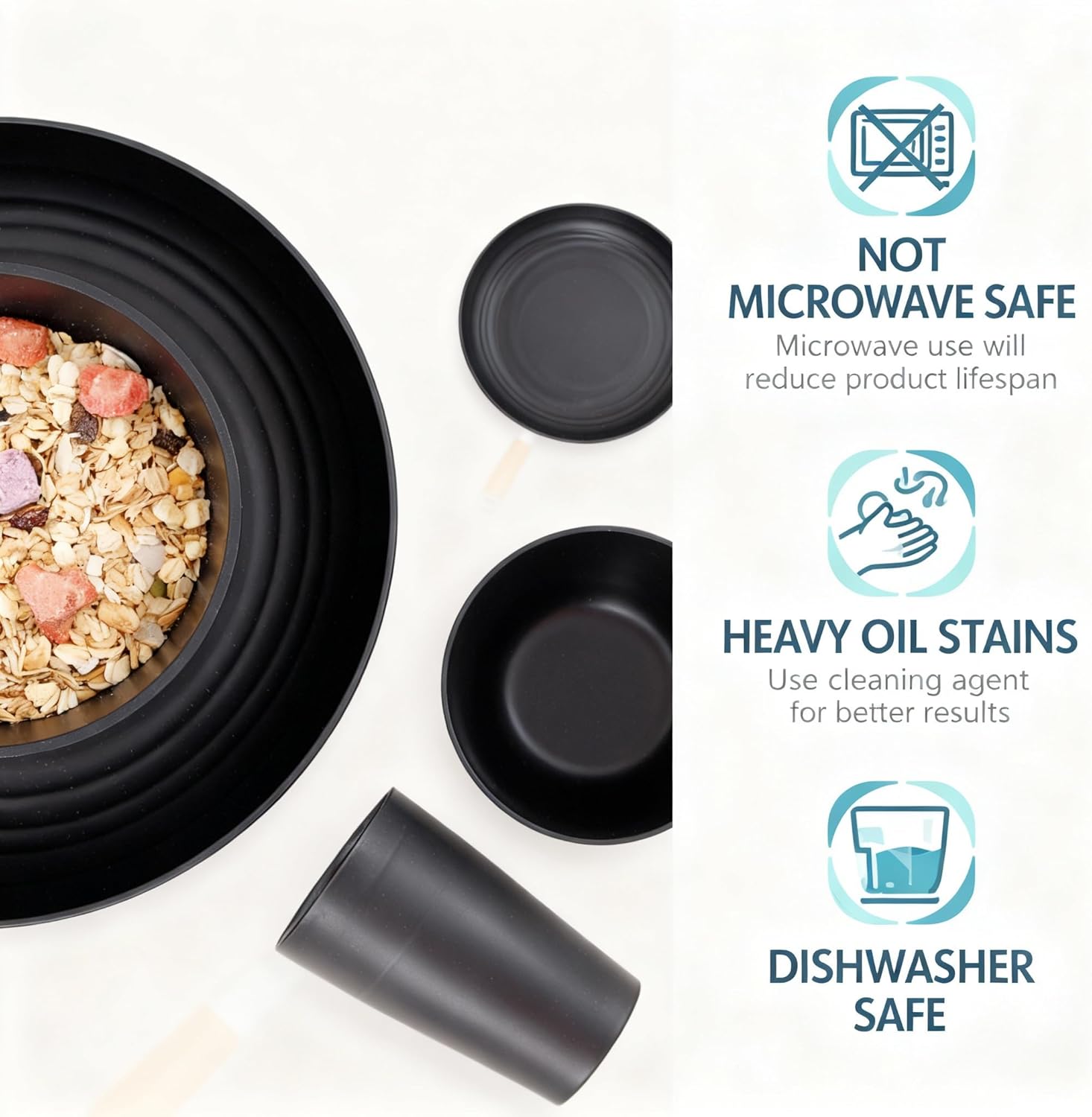 Supernal Wheat Straw Dinnerware Sets,Plates and Bowls Set, Dish Sets for 8, Unbreakable Plate for 8 Dishwasher Safe,Reusable Dinnerware Black-16pcs Plates, 8pcs Bowls, 8pcs Cups.