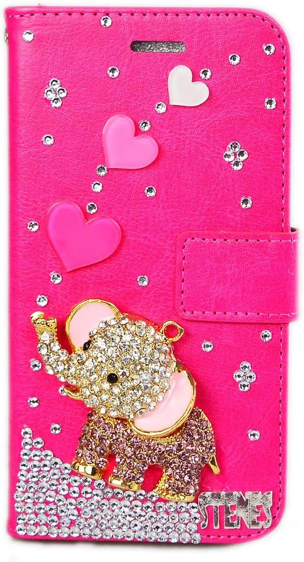 STENES Bling Wallet Phone Case Compatible with OnePlus Nord N200 5G Case - Stylish - 3D Handmade Heart Cute Elephant Design Leather Cover with Neck Strap Lanyard [3 Pack] - Hot Pink