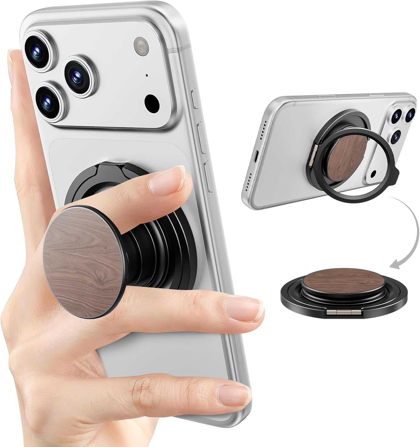 Magnetic Phone Grip Stand with Pop-Up 360° Rotating Ring & Foldable Kickstand, Premium Wood Grain Finish, Secure One-Hand Hold, Stable Hands-Free Viewing for Travel, Office & Everyday Use