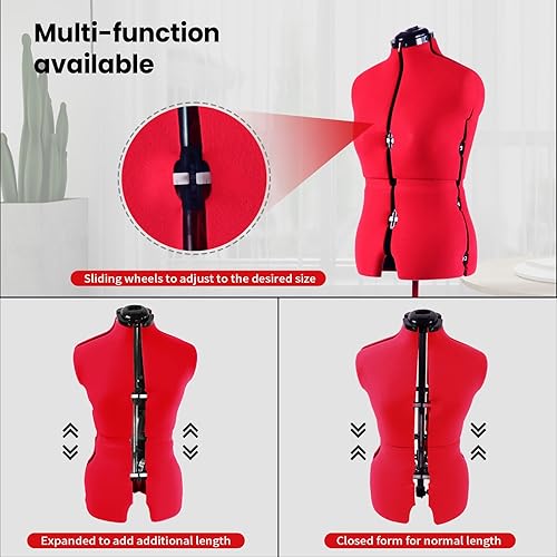 Vista 3 de Maniquí femenino ajustable para coser tallas 12-18, forma de cuerpo pinable con 13 diales, base enrollable desmontable, rango de altura de 42.5 a 60