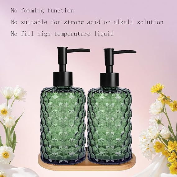 17oz Green Bathroom Soap Dispenser Set of 2 with Plastic Pumps, Bamboo Tray