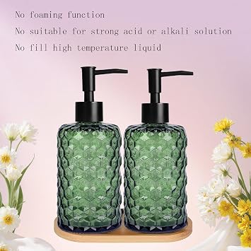 17oz Green Bathroom Soap Dispenser Set of 2 with Plastic Pumps, Bamboo Tray