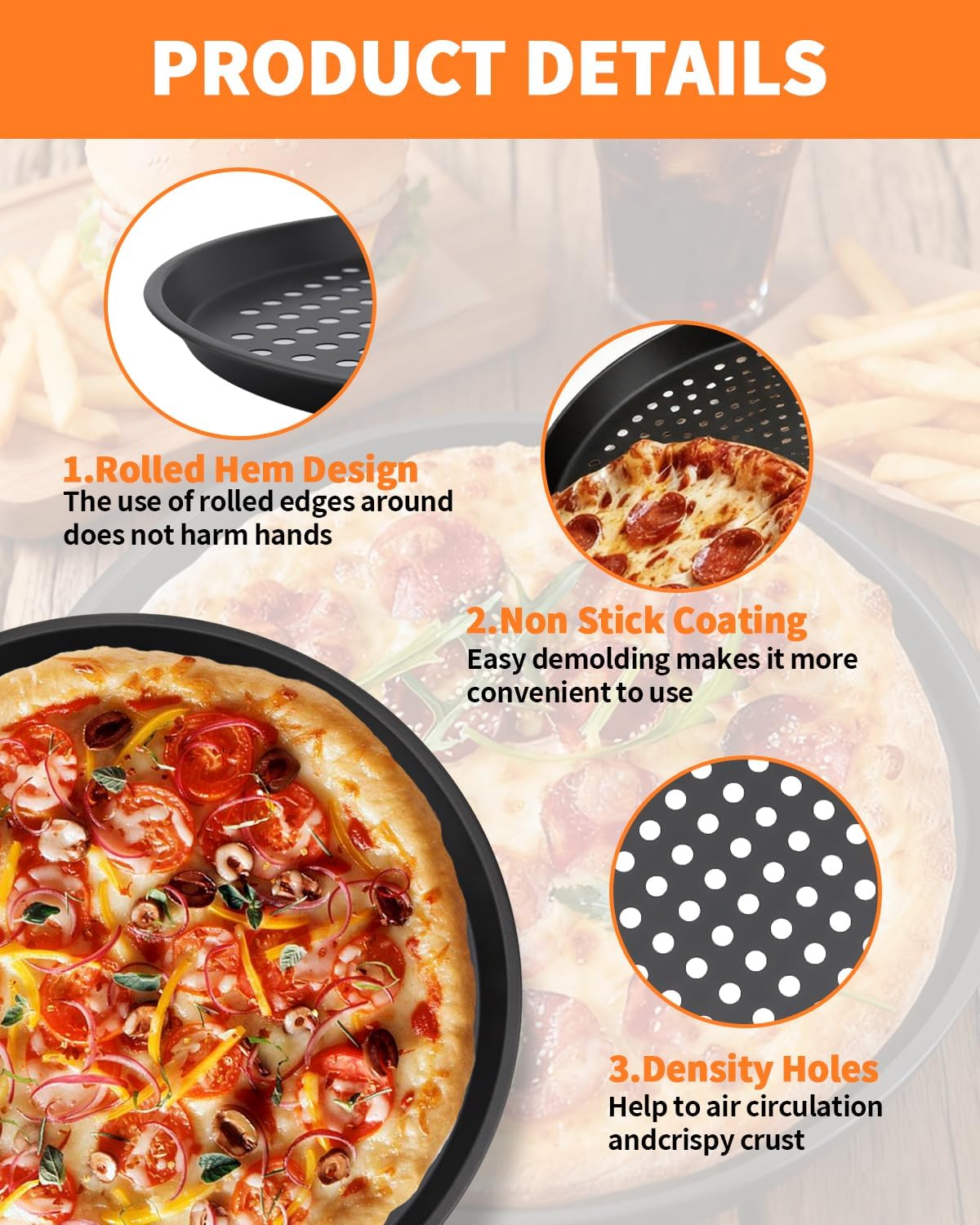 12-Inch Nonstick Pizza Pan with Holes, Perforated Carbon Steel Pizza Tray for Oven, Round Bakeware Pizza Tray for Home Restaurant Kitchen - Image 3
