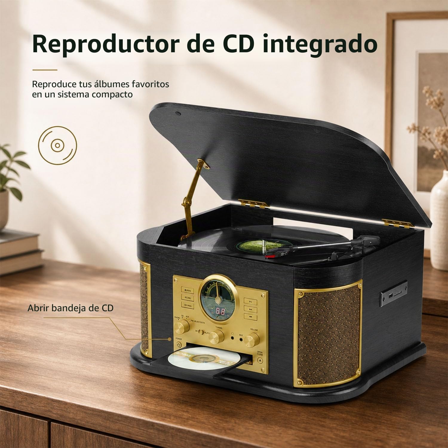 Tocadiscos Retro 10‑en‑1 con Bluetooth, CD, Radio FM, USB/SD para Grabar vinilos, Altavoces Integrados, Entrada AUX y Salida RCA