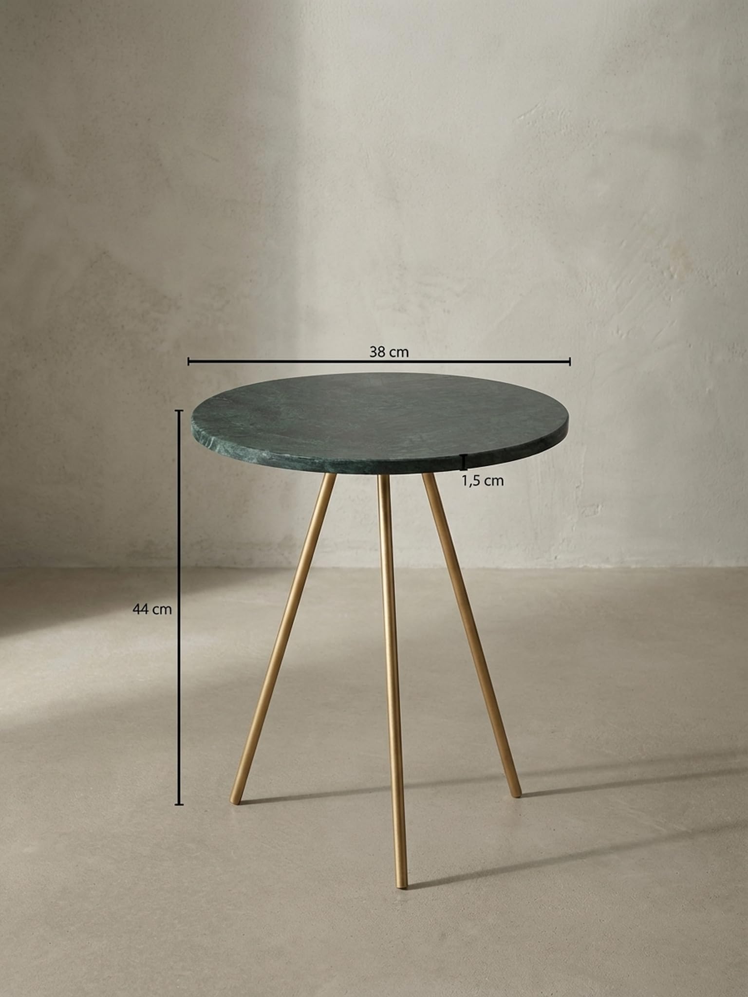 Tavolino da salotto rotondo marmo naturale Ø 38 cm, treppiede, verde oro