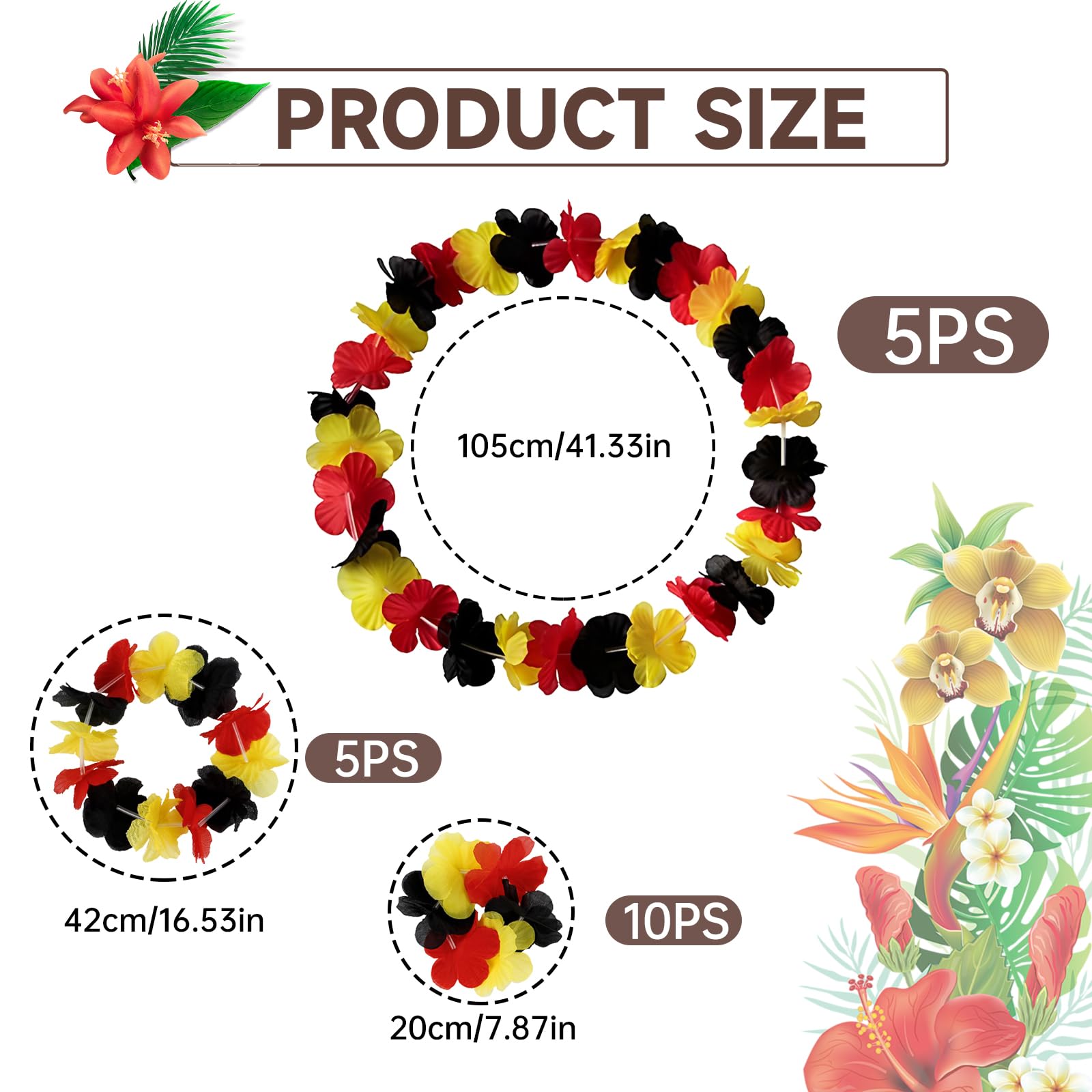 Simsky Lot de 20 Colliers de Fleurs pour Fans de l'Allemagne : 5 Chaînes Hawaïennes, 5 Bandeaux, 10 Bracelets en Noir, Rouge et Jaune