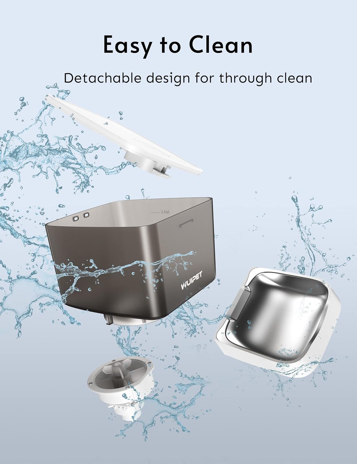Disassembled parts of the WUIPET feeder (food container, lid, food bowl, dispenser mechanism) being cleaned with water splashes, illustrating the detachable design for easy cleaning.