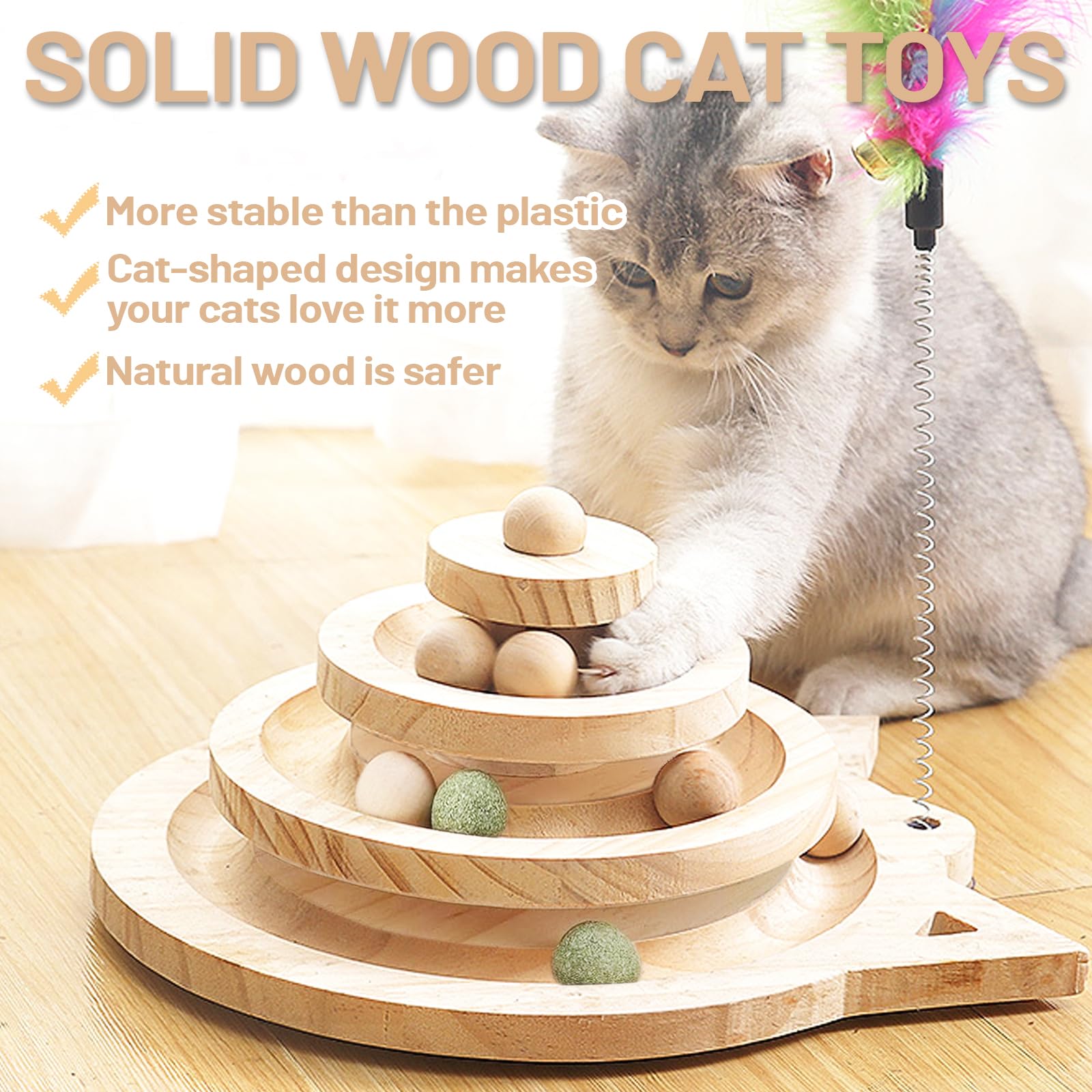 Juguetes Interactivos para Gatos Juguetes de Madera para Gatito Torre de 3 Pisos con Pista y 3 Tipos de Pelota con Diferentes Funciones, Palo de Gato Divertido, Base Antideslizante